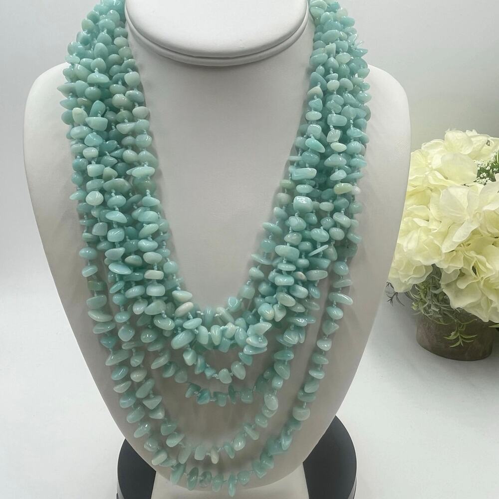 Natural Amazonite Multi-Strand Chip Bead Statement Necklace Turquoise‎ Blue